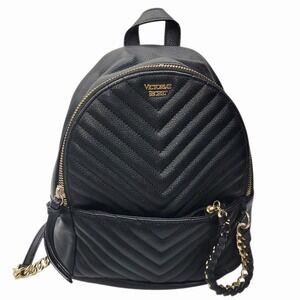 Victoria's Secret Black Quilted Mini Backpack Faux‎ Leather Gold Chain Trim